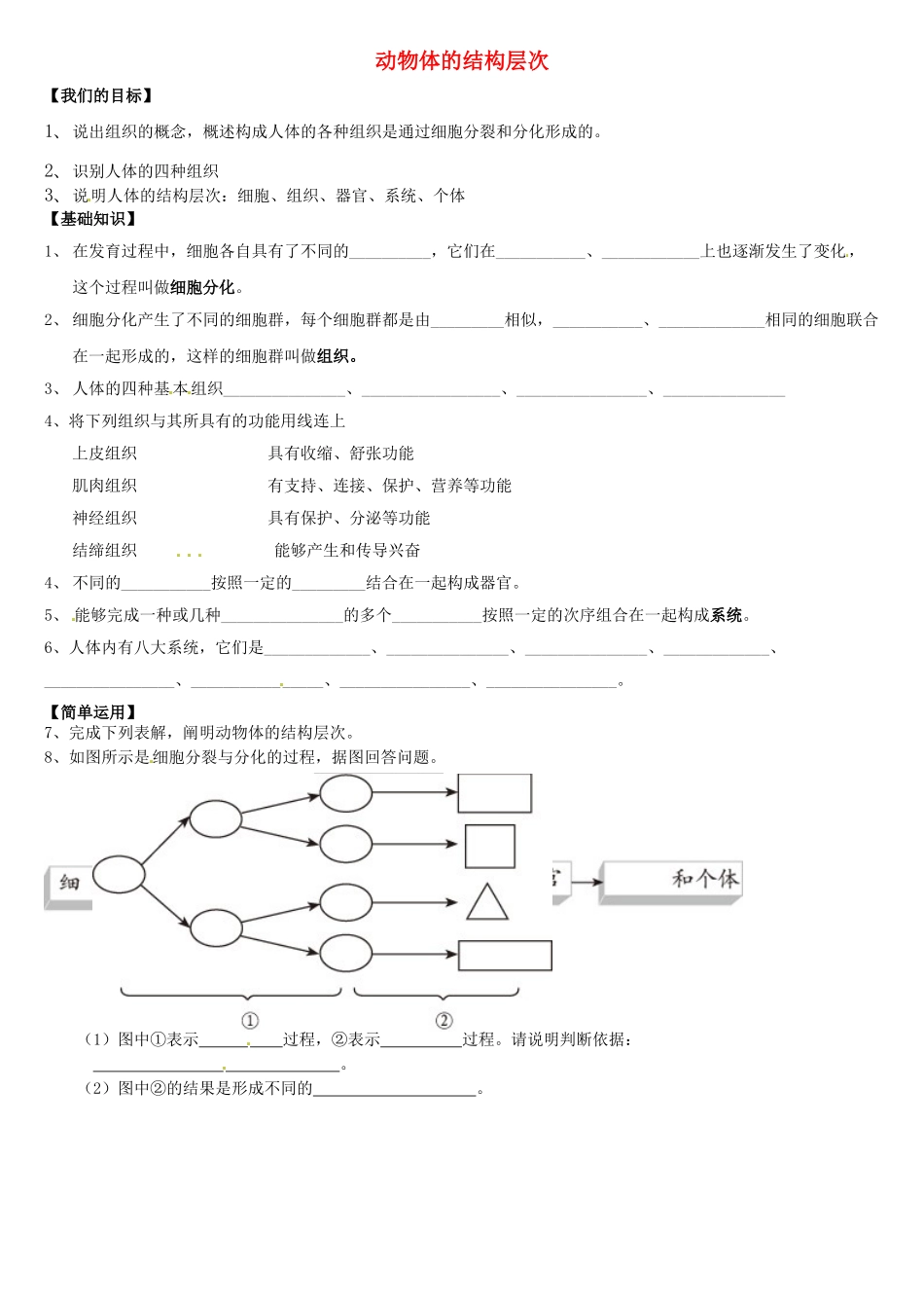 天津市小站第一中学七年级生物上册 2.3.1 动物体的结构层次导学案 新人教版_第1页