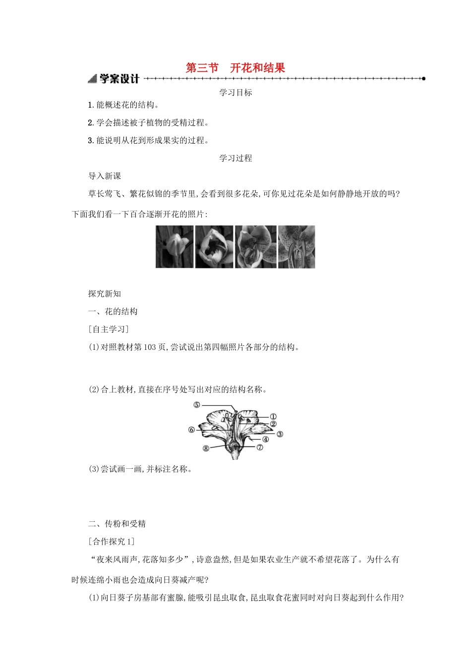 山西省吕梁市临县四中七年级生物上册 3.2.3 开花和结果学案 （新版）新人教版-（新版）新人教版初中七年级上册生物学案_第1页