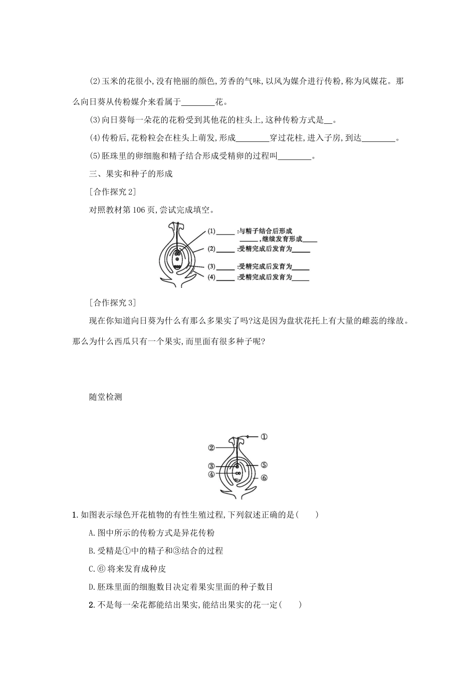 山西省吕梁市临县四中七年级生物上册 3.2.3 开花和结果学案 （新版）新人教版-（新版）新人教版初中七年级上册生物学案_第2页