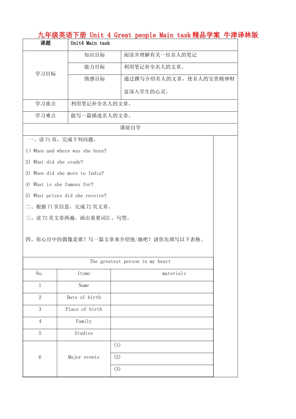 九年级英语下册 Unit 4 Great people Main task精品学案 牛津译林版_第1页