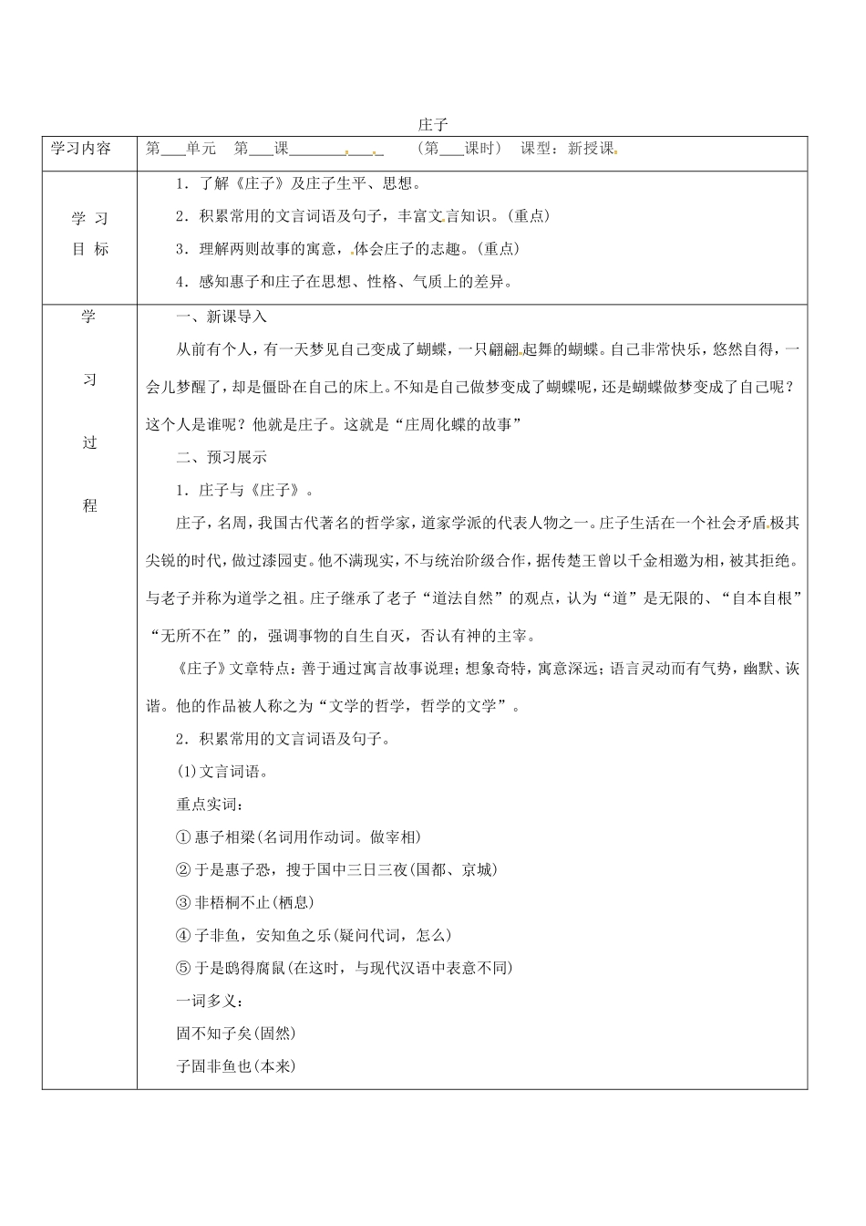 陕西省山阳县九年级语文下册 第20课 庄子学案1 新人教版-新人教版初中九年级下册语文学案_第1页