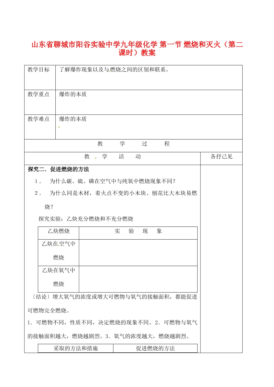 山东省聊城市阳谷实验中学九年级化学 第一节 燃烧和灭火（第二课时）教案_第1页