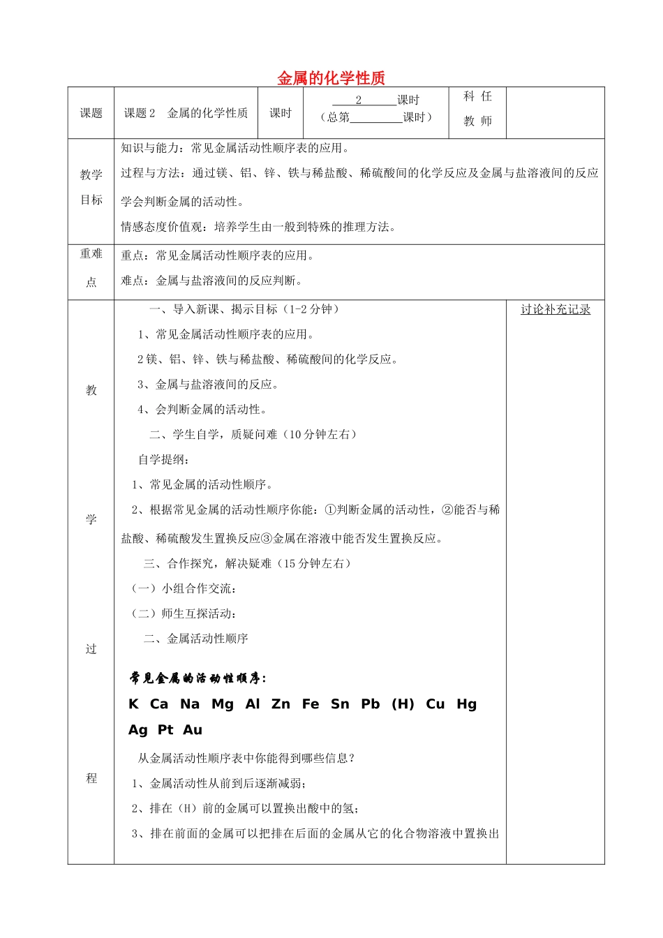 九年级化学下册 第八单元 金属和金属材料 8.2 金属的化学性质（第2课时）教案 （新版）新人教版-（新版）新人教版初中九年级下册化学教案_第1页