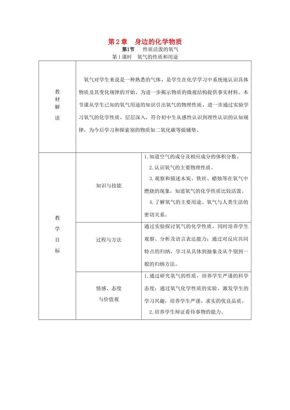 秋九年级化学上册 第2章 身边的化学物质 第1节 性质活泼的氧气 第1课时 氧气的性质和用途教案 沪教版-沪教版初中九年级上册化学教案_第1页