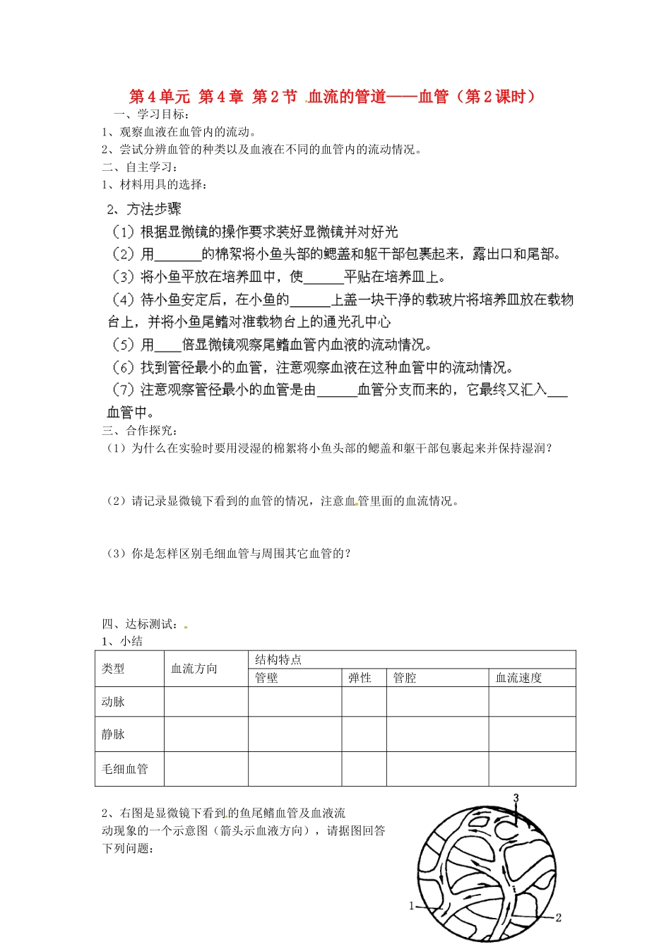江苏省泰州市永安初级中学七年级生物下册 第4单元 第4章 第2节 血流的管道——血管（第2课时）导学案 （新版）新人教版_第1页