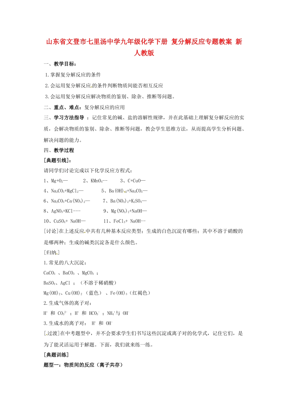 山东省文登市七里汤中学九年级化学下册 复分解反应专题教案 新人教版_第1页