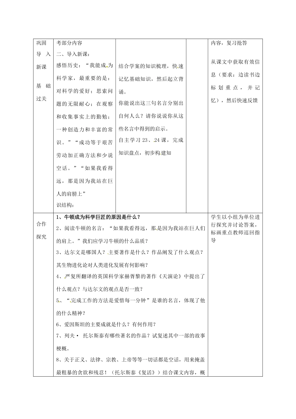 山东省邹平县实验中学九年级历史上册 第23、24课 构建科学殿堂的巨匠、文学艺术的大师教案 北师大版_第2页