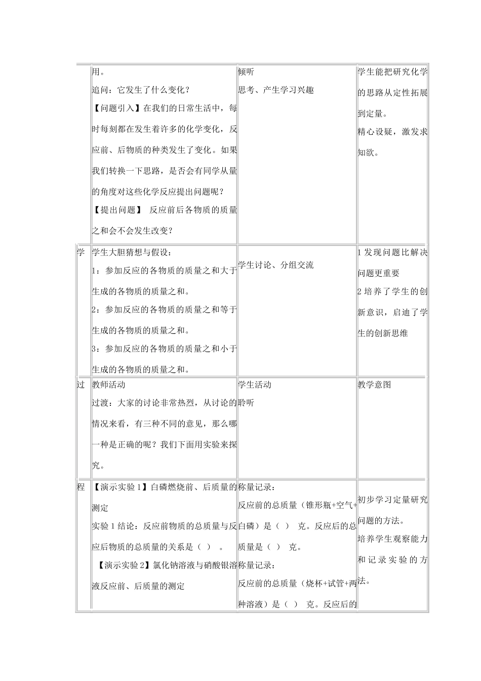 九年级化学：第七章第一节 质量守恒定律教学设计（北京课改版）_第3页