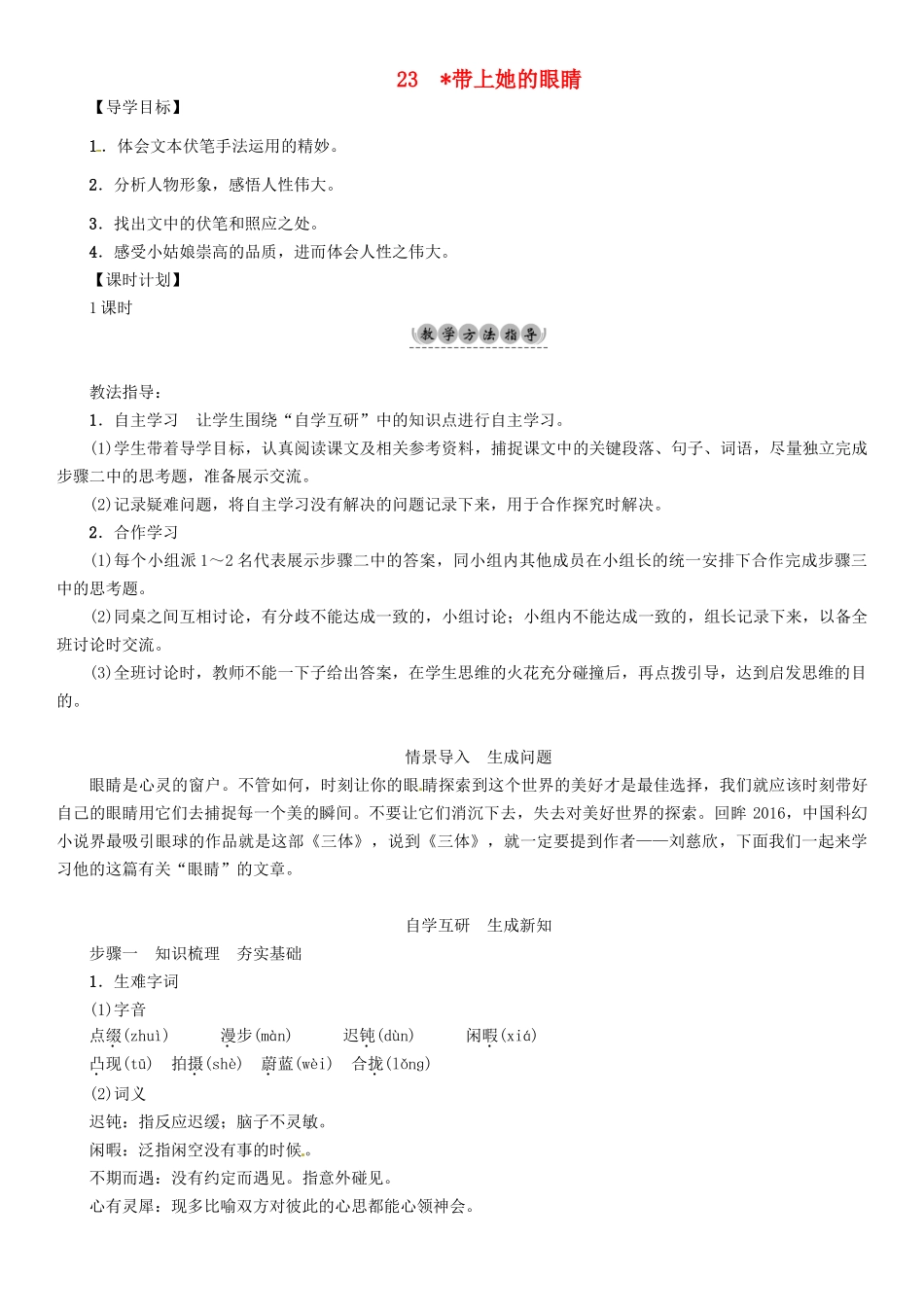 （安徽专版）（秋季版）七年级语文下册 第六单元 23 带上她的眼睛导学案 新人教版-新人教版初中七年级下册语文学案_第1页