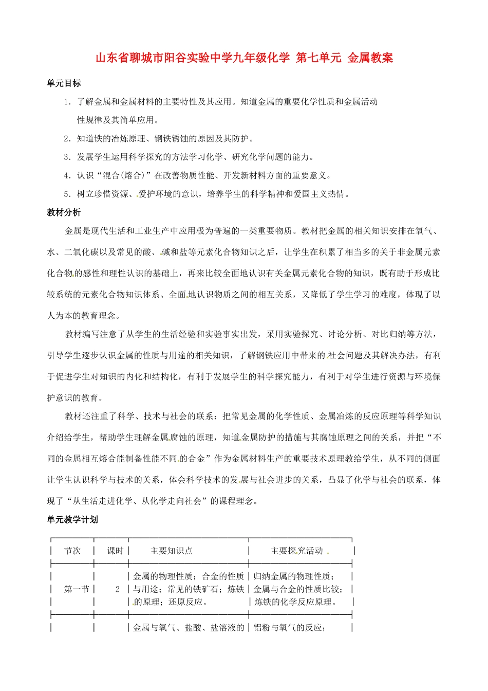 山东省聊城市阳谷实验中学九年级化学 第七单元 金属教案_第1页