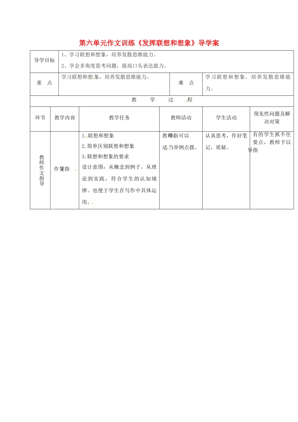 （秋季版）吉林省通化市七年级语文上册 写作《发挥联想和想象》导学案 新人教版-新人教版初中七年级上册语文学案_第1页