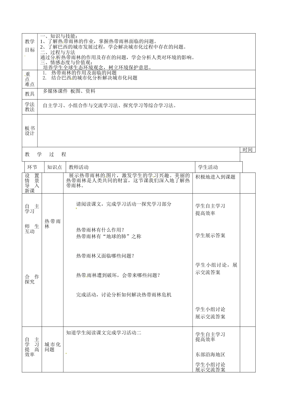 山东省临沭县第三初级中学七年级地理下册《9.2 巴西》教案（2） 新人教版_第2页