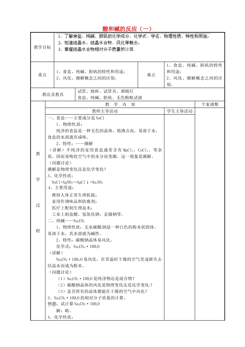 江苏省新沂市第二中学九年级化学下册 酸和碱的反应（第1课时）教案 （新版）沪教版_第1页