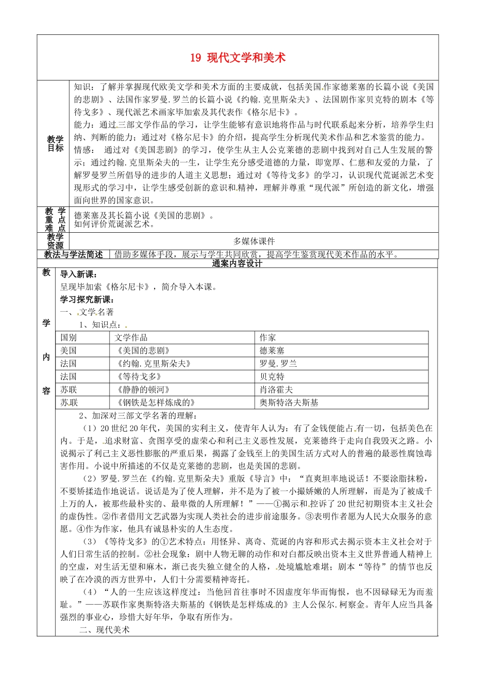 九年级历史下学期第1周复习 19 现代文学和美术教案-人教版初中九年级全册历史教案_第1页