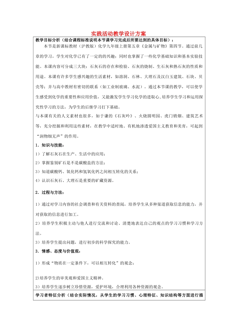 （骨干教师竞赛作品）初中化学 石灰石的利用教学设计方案_第1页