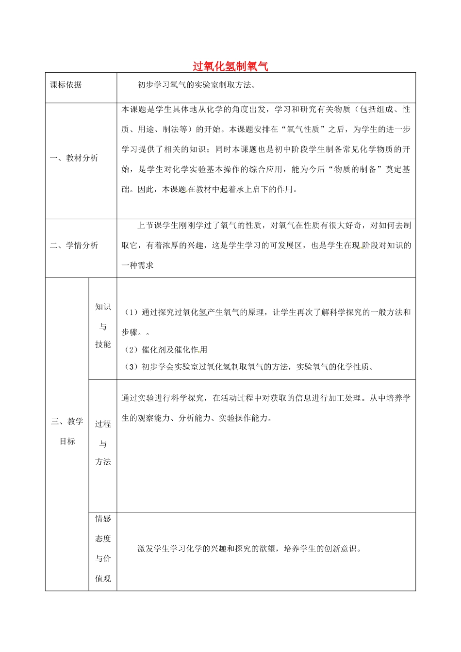 陕西省安康市石泉县池河镇九年级化学上册 3.2 制取氧气 过氧化氢制氧气教案 （新版）粤教版-（新版）粤教版初中九年级上册化学教案_第1页