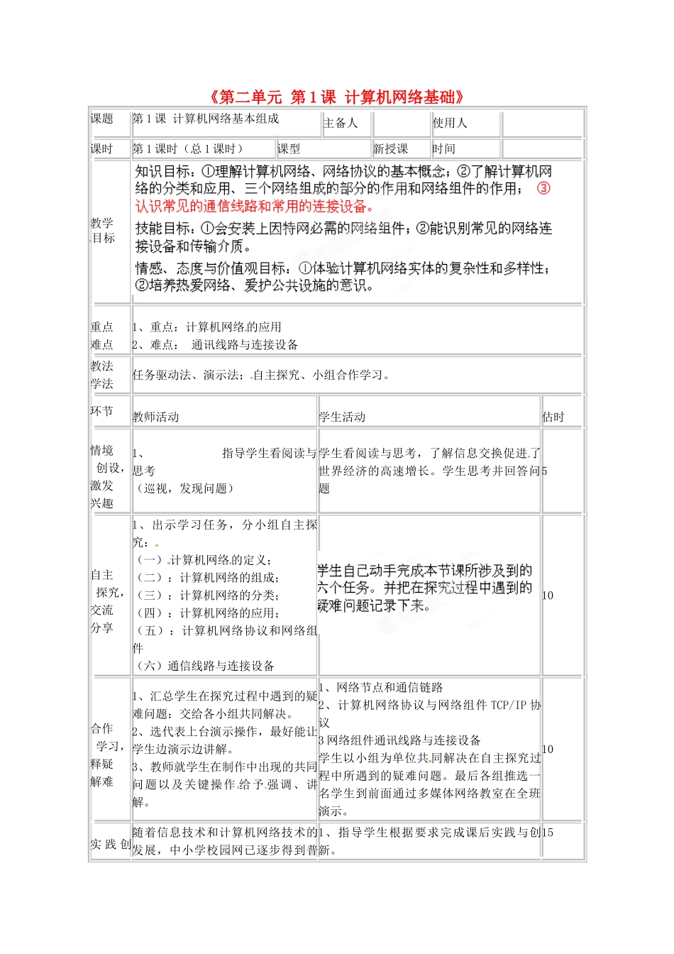 山东省临沭县第三初级中学七年级信息技术下册《第二单元 第1课 计算机网络基础》教案_第1页