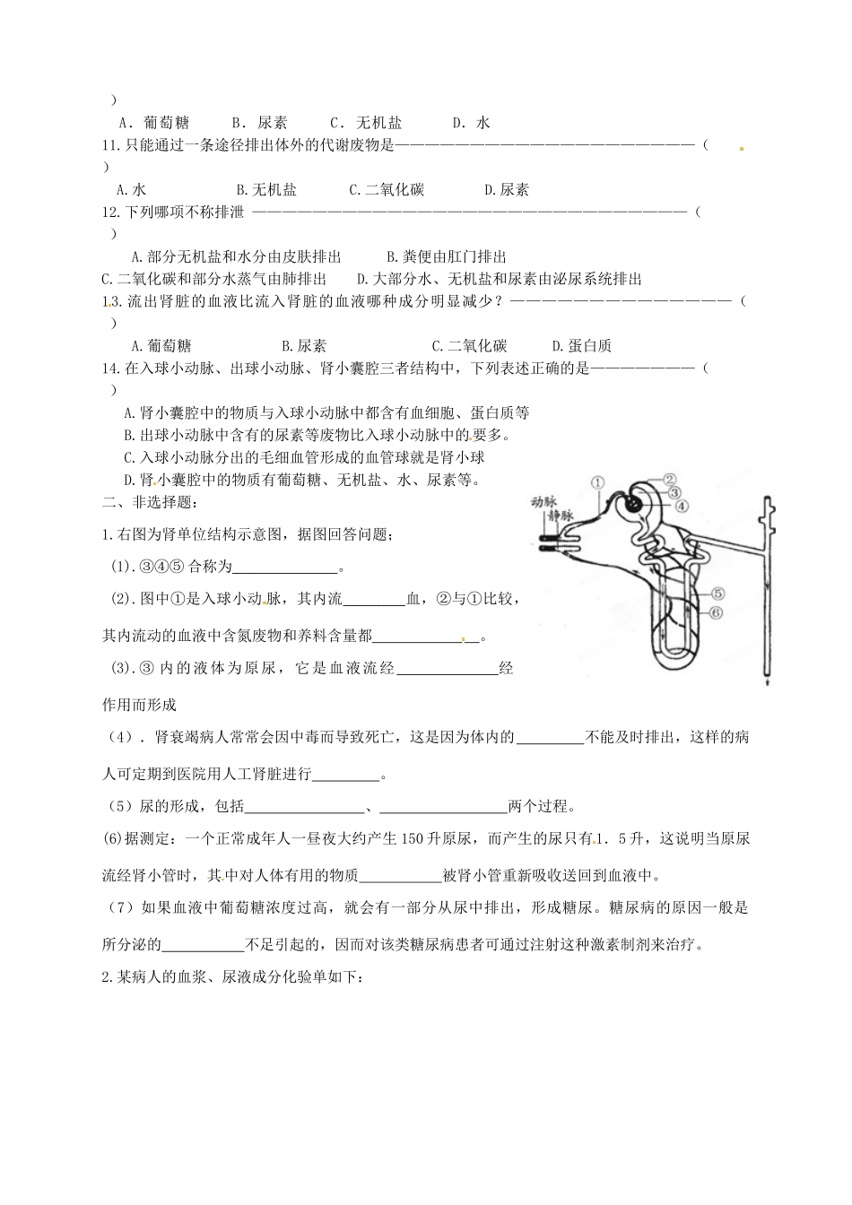 江苏省徐州市王杰中学八年级生物下册《期末复习6—人体内废物的排出》学案 苏科版_第2页