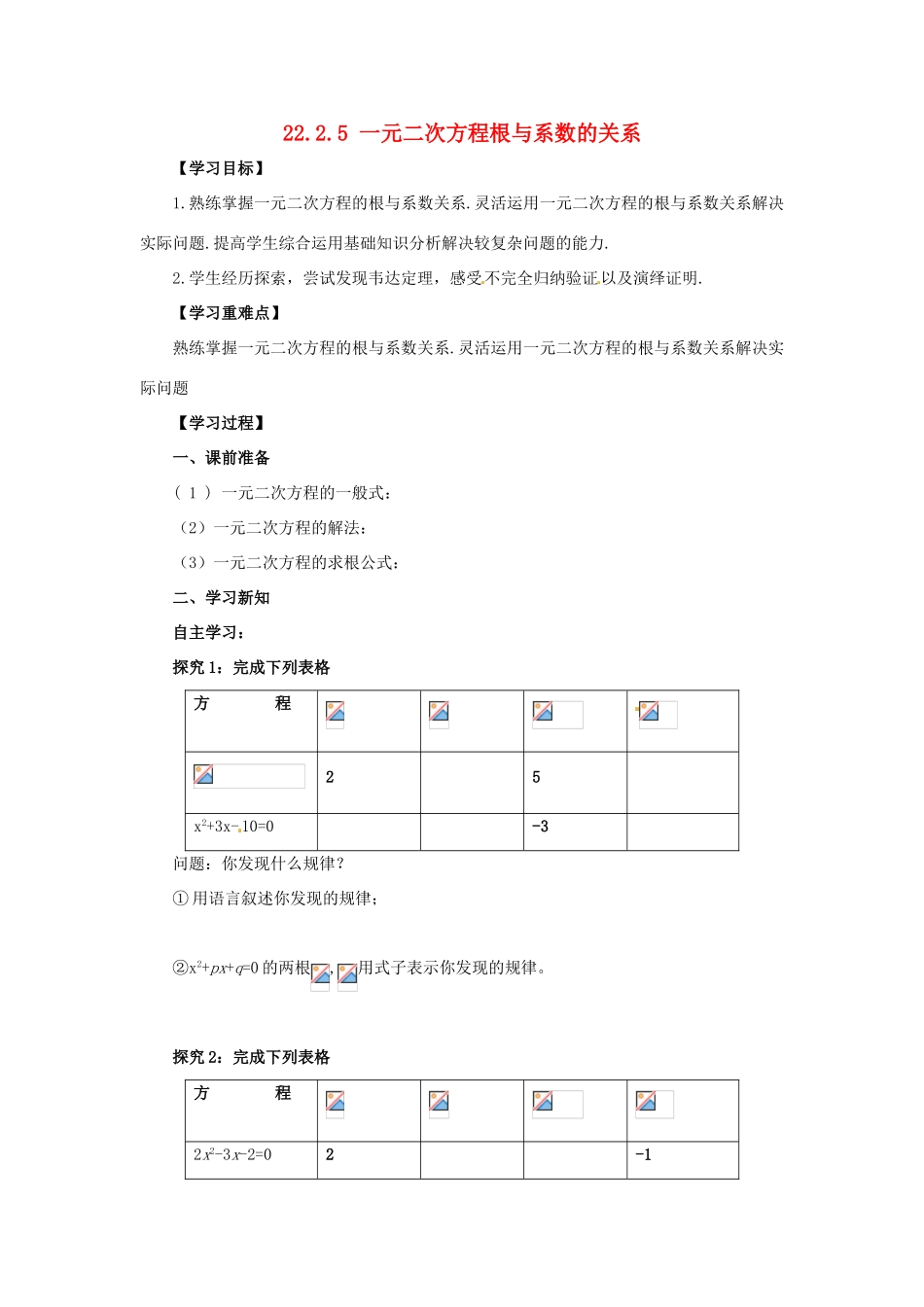 九年级数学上册 第22章 一元二次方程 22.2 一元二次方程的解法 22.2.5 一元二次方程根与系数的关系导学案 （新版）华东师大版-（新版）华东师大版初中九年级上册数学学案_第1页