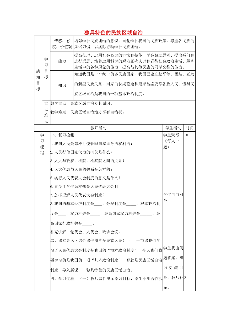 山东省邹平县实验中学九年级政治全册 第5课 第2框 独具特色的民族区域自治教学案 鲁教版_第1页