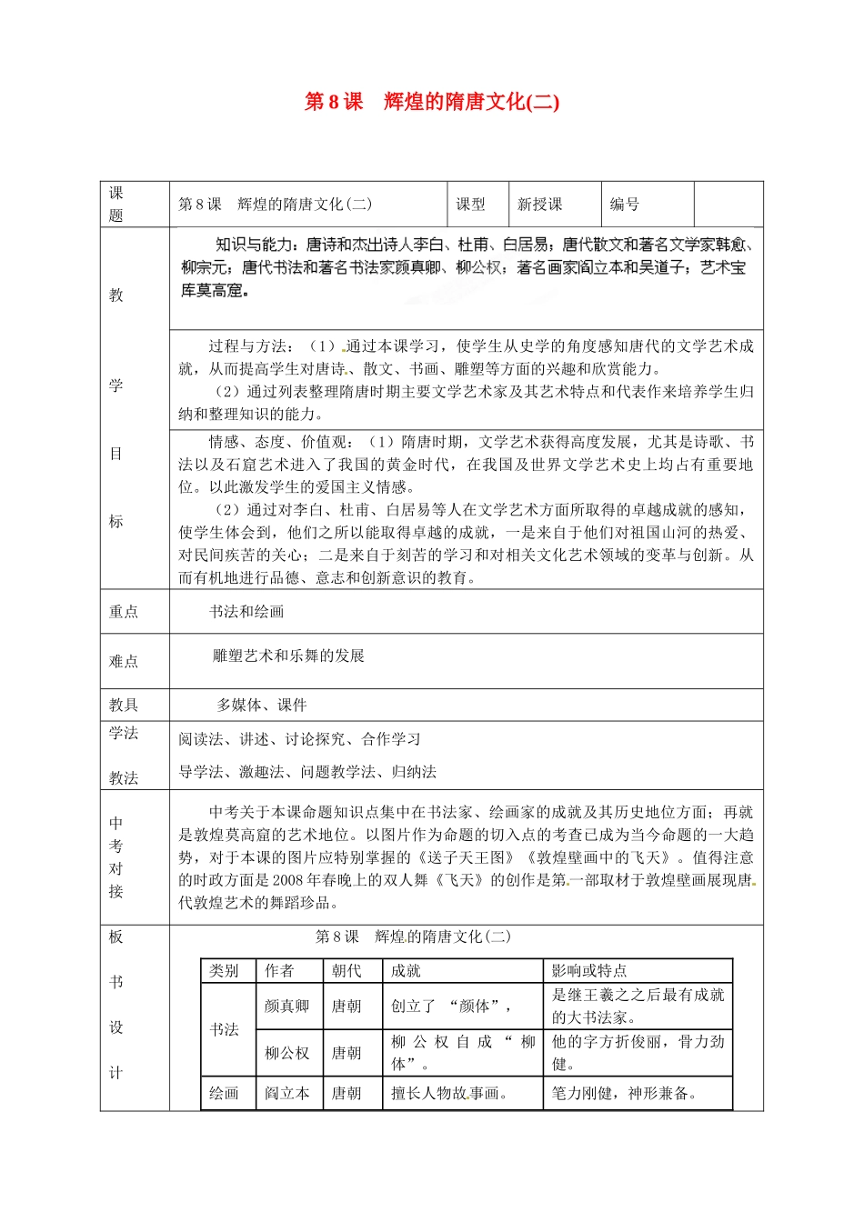 山东省临沭县第三初级中学七年级历史下册《第8课辉煌的隋唐文化（二）》教案 新人教版_第1页