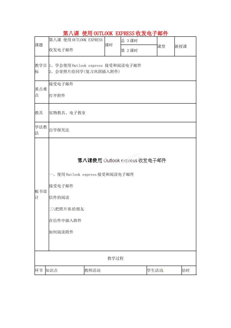 山东省郯城第三中学初中信息技术 第八课 使用OUTLOOK EXPRESS收发电子邮件教案2_第1页