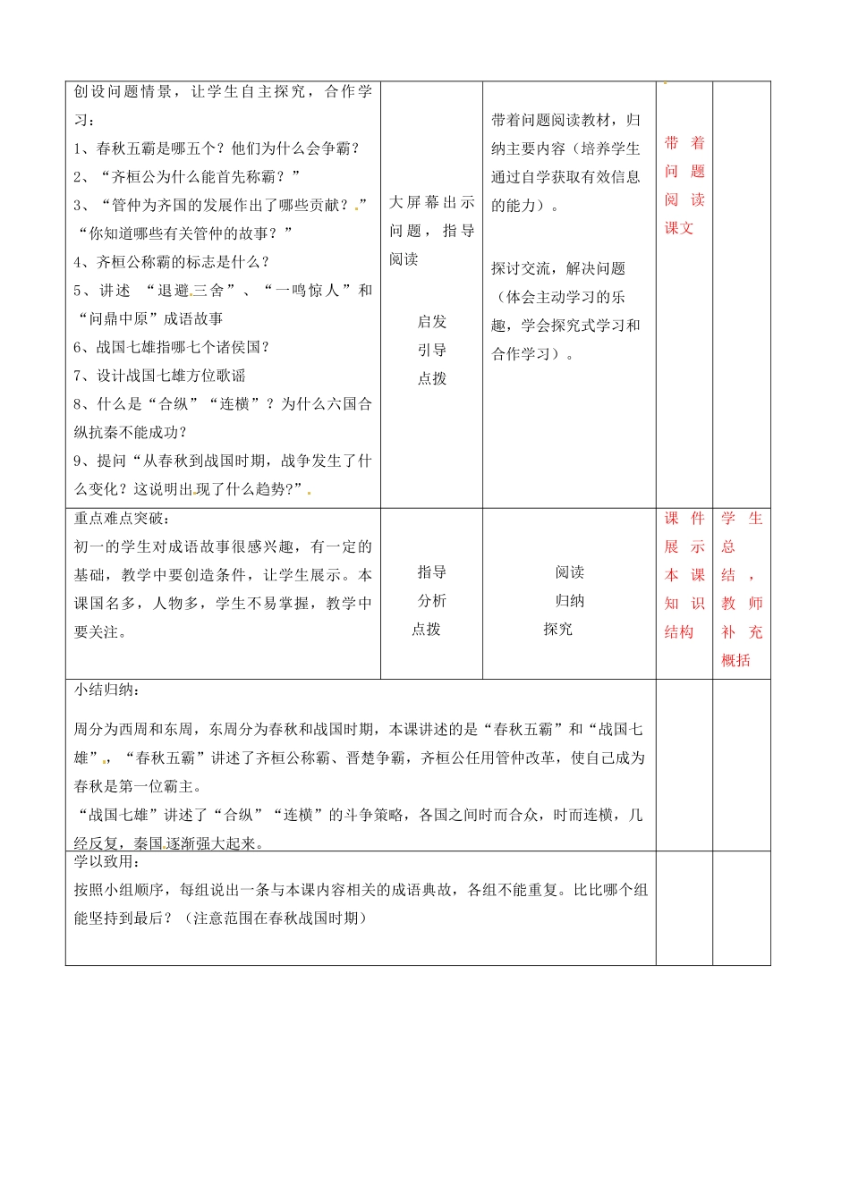 辽宁省大连市76中七年级历史上册《第7课 春秋五霸和战国七雄》教学设计 北师大版_第2页