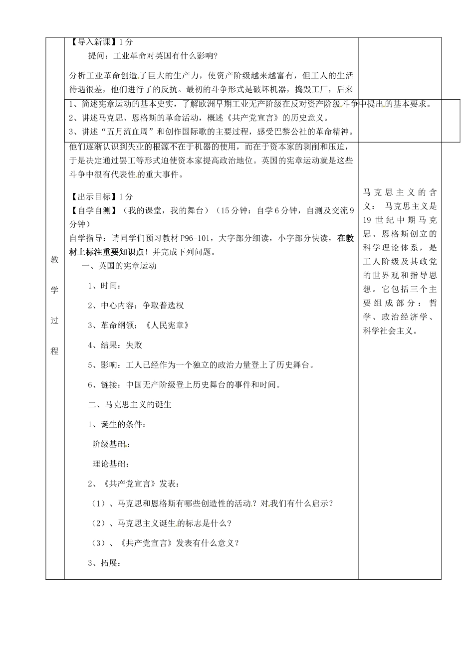 湖南省茶陵县九年级历史上册《第18课 国际工人运动与马克思主义的诞生》教案 人教新课标版_第2页