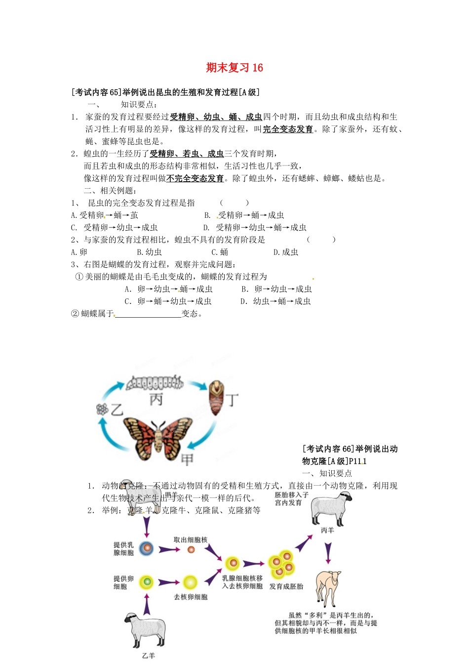 江苏省徐州市王杰中学八年级生物下册《期末复习16—举例说出昆虫的生殖和发育过程》学案 苏科版_第1页