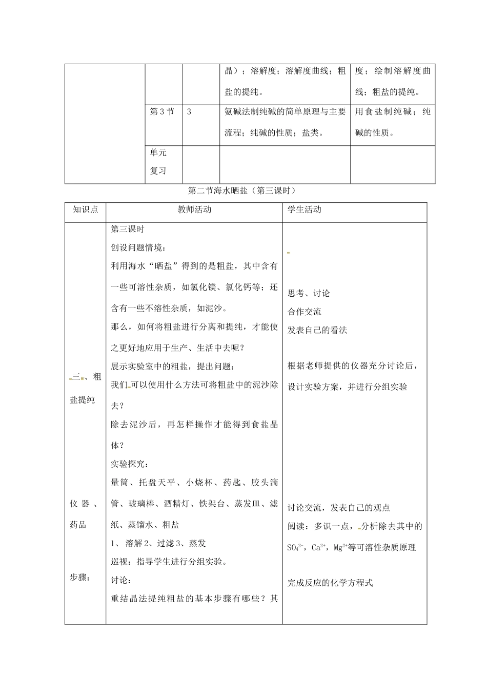 山东省莱州市沙河镇九年级化学全册 第三单元 海水中的化学 第二节 海水“晒盐”教案3 鲁教版五四制-鲁教版五四制初中九年级全册化学教案_第2页