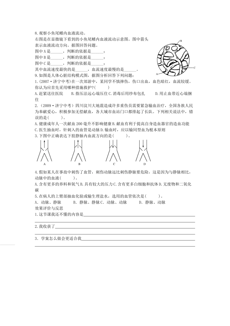 重庆市江津五中七年级生物下册 第二章 爱护心脏 确保运输 第二节 运输物质的器官学案（无答案）_第2页