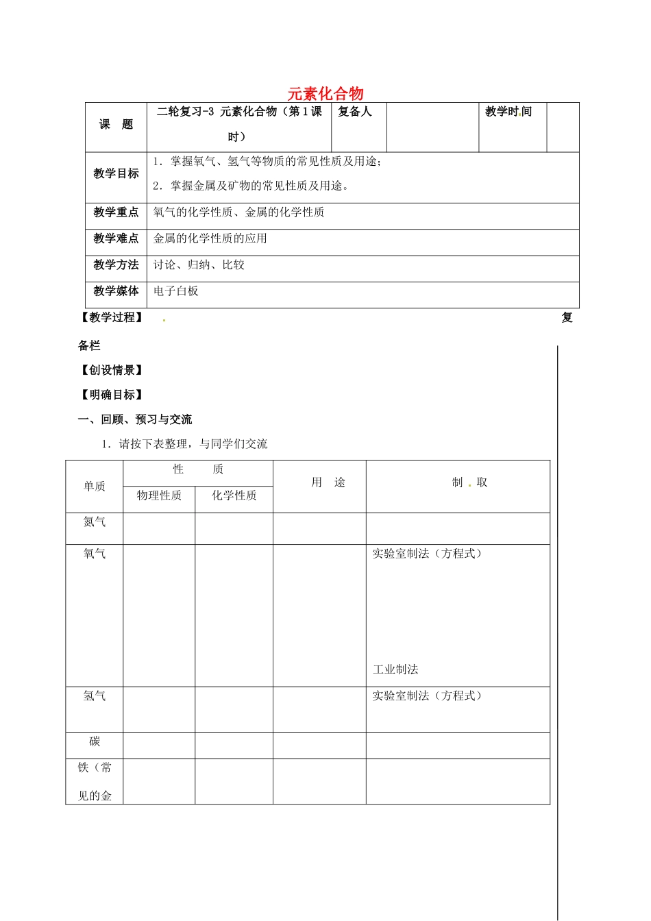 江苏省扬州市高邮市车逻镇中考化学二轮复习 3 元素及化合物（第1课时）教案 沪教版-沪教版初中九年级全册化学教案_第1页