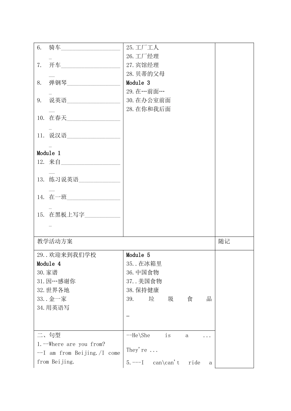 山东省冠县东古城镇中学七年级英语下册 module1-5 复习学案（无答案） 北师大版_第2页