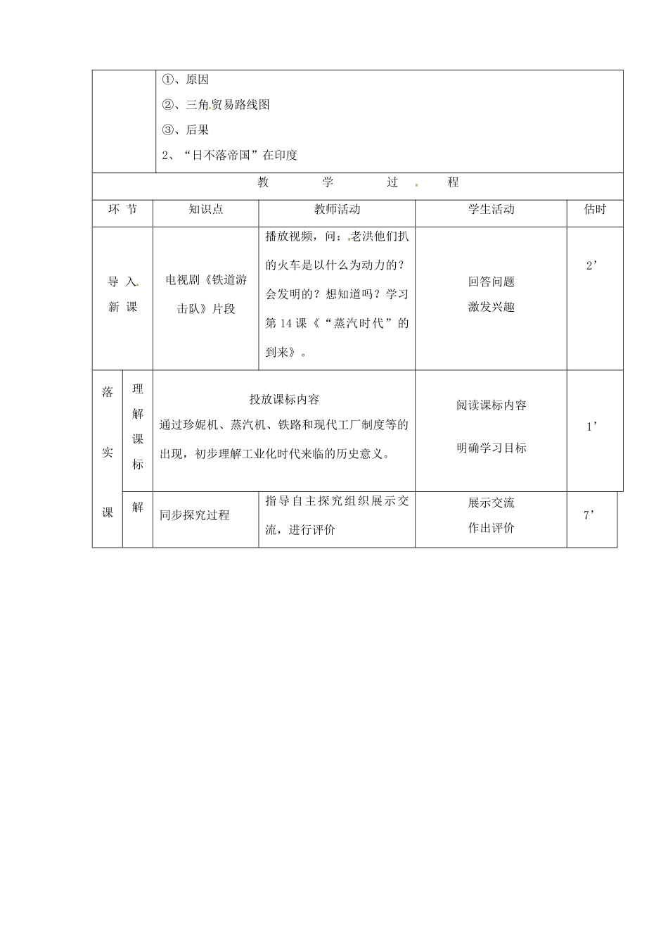 山东省临沭县九年级历史上册《第14-15课“蒸汽时代”的到来和殖民扩张》教案 新人教版_第2页