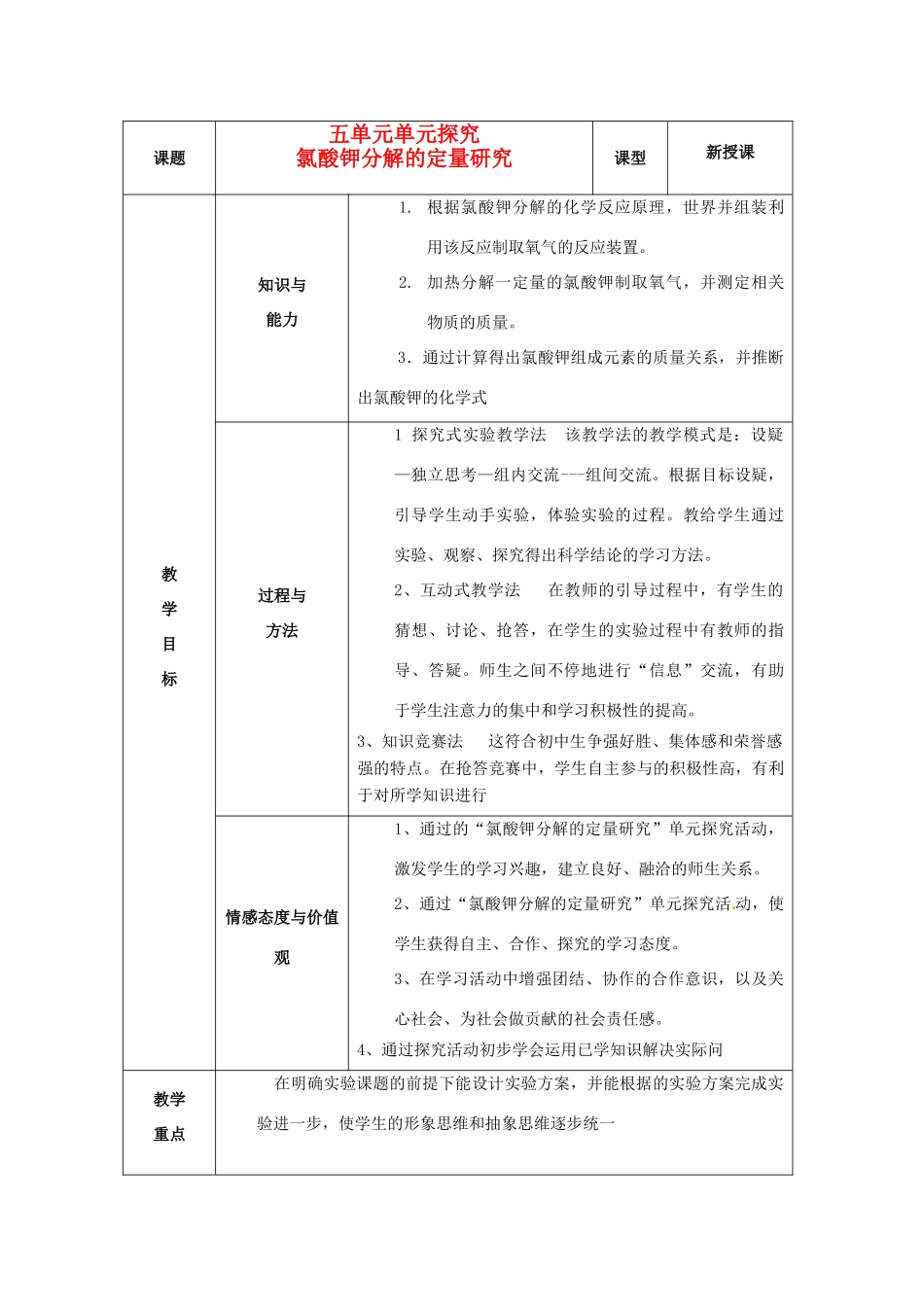 山东省烟台20中九年级化学《氯酸钾分解的定量研究》教案_第1页