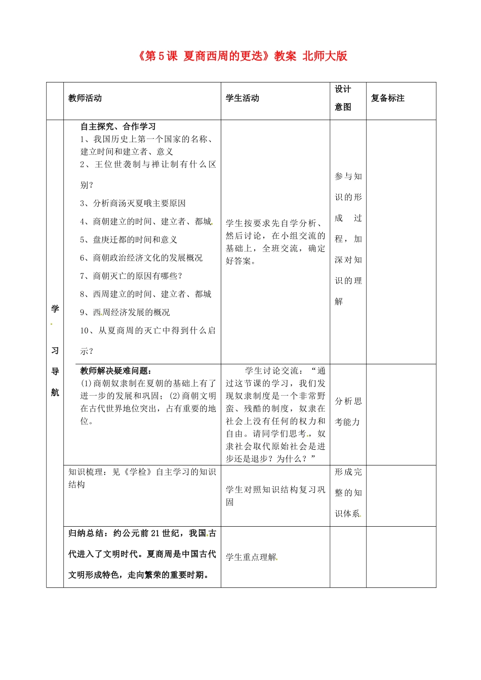 山东省滨州市邹平实验中学七年级历史上册《第5课 夏商西周的更迭》教案 北师大版_第2页
