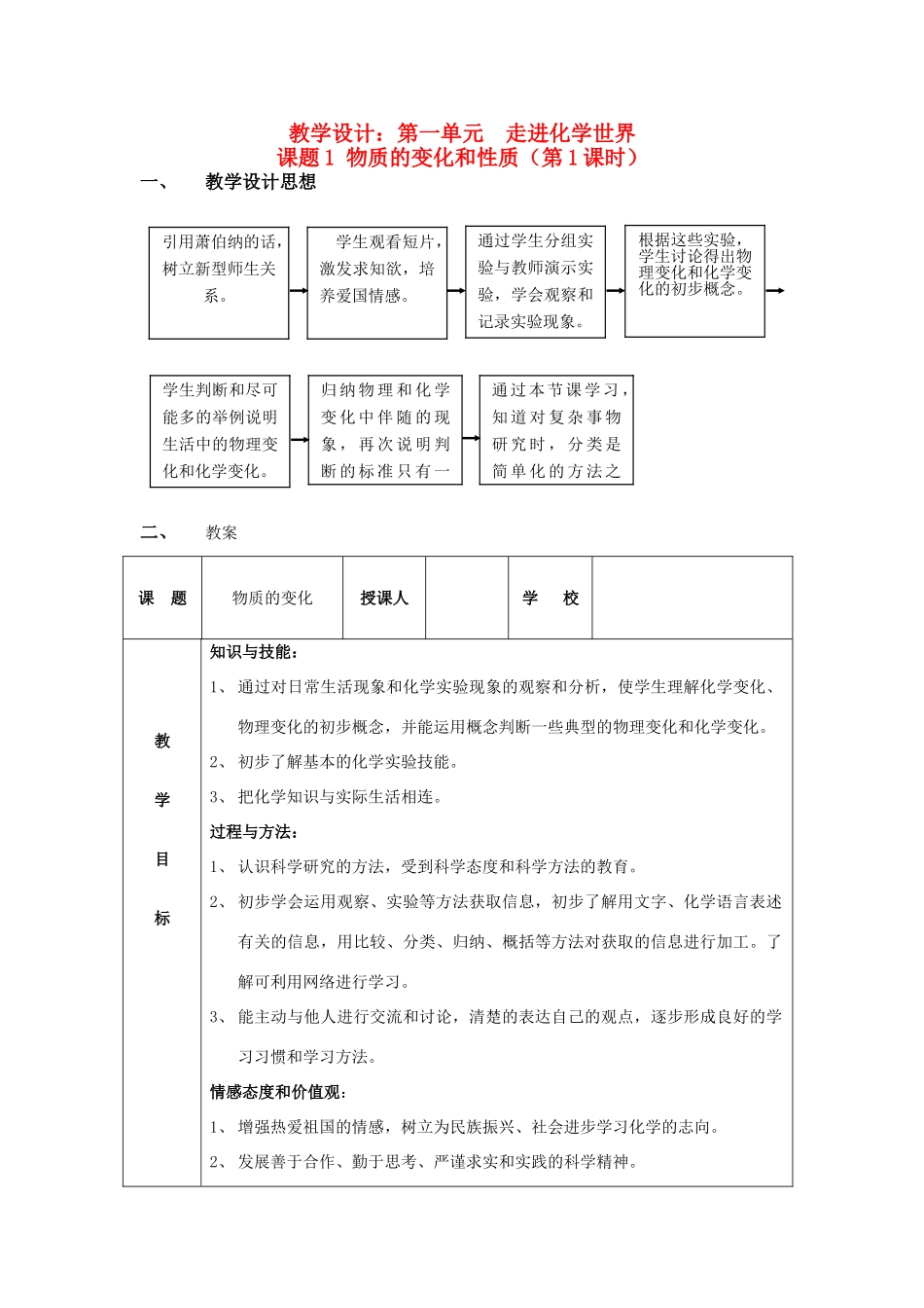 九年级化学：第一单元走进九年级化学世界第一节物质的变化和性质教案人教版_第1页
