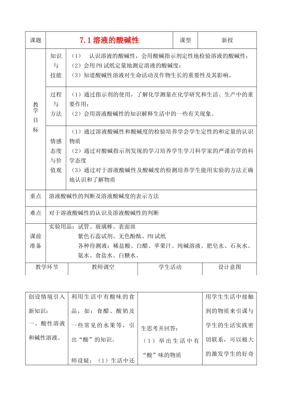 九年级化学下册 第七章 第一节 溶液的酸碱性教案 （新版）沪教版_第1页