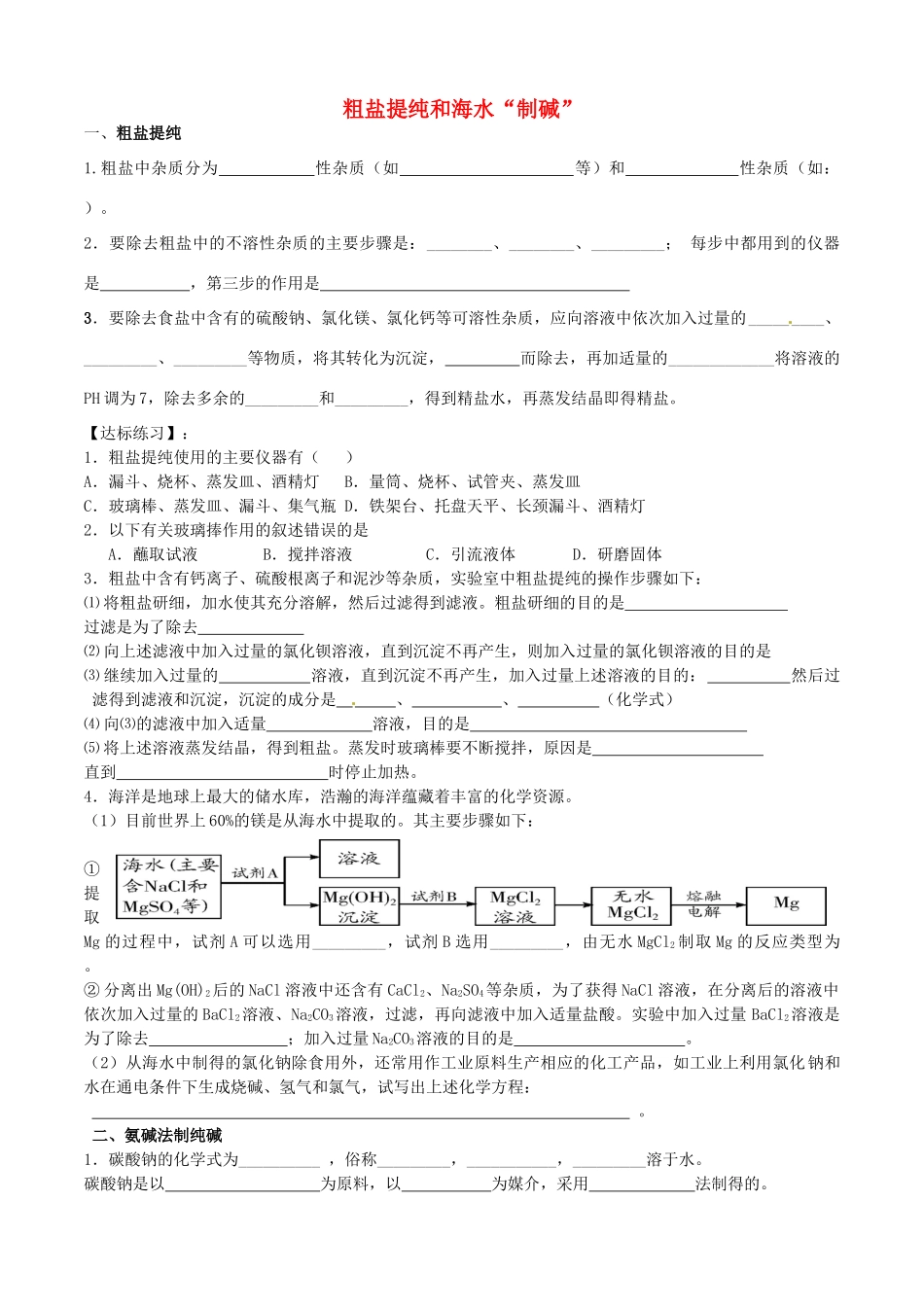 山东省临淄外国语实验学校九年级化学全册《9.3 海水“制碱”》复习 鲁教版五四制_第1页