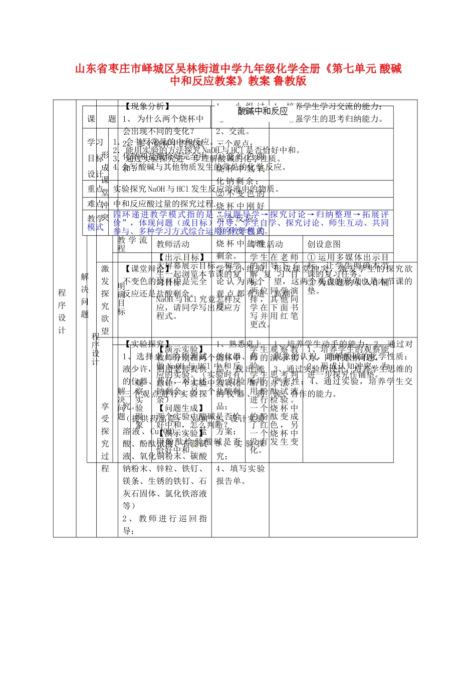 山东省枣庄市峄城区吴林街道中学九年级化学全册《第七单元 酸碱中和反应》教案 鲁教版_第1页