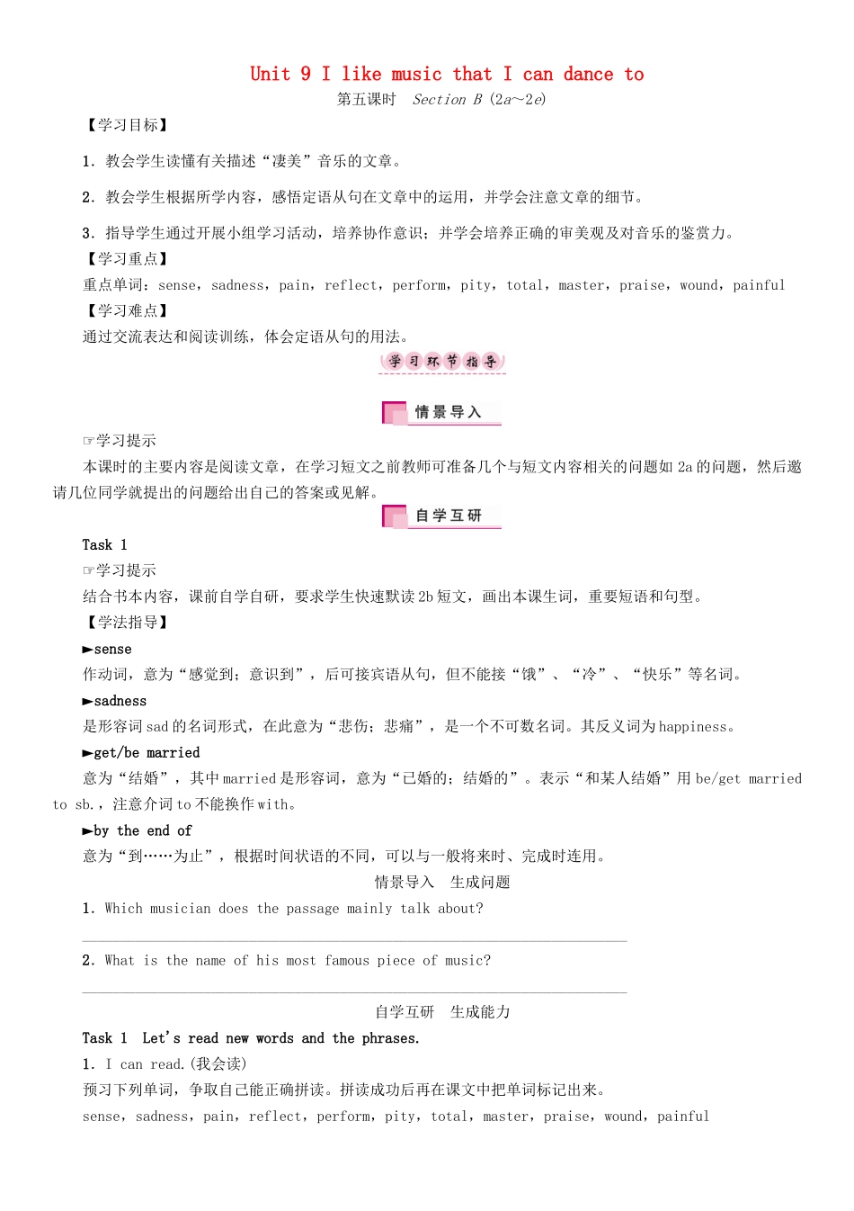 秋九年级英语全册 Unit 9 I like music that I can dance to（第5课时）Section B（2a-2e）导学案 （新版）人教新目标版-（新版）人教新目标版初中九年级全册英语学案_第1页