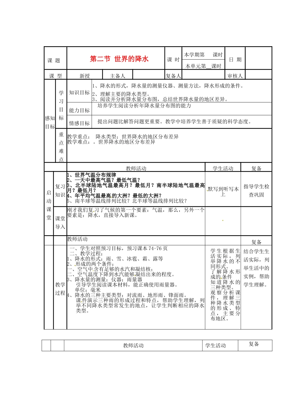 山东省邹平县实验中学七年级地理上册 第二节 世界的降水教案1 湘教版_第1页