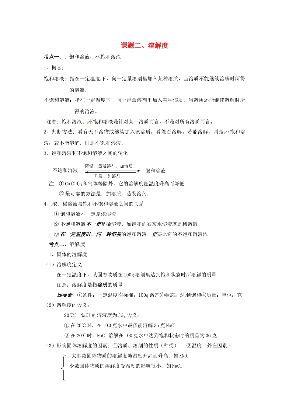 九年级化学下册 第九单元 溶液《课题二 溶解度》考点复习教案 新人教版_第1页