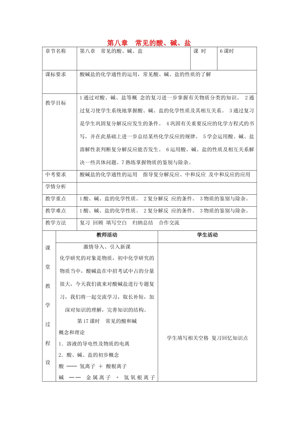 内蒙古牙克石市中考化学 第八章 常见的酸、碱、盐复习教案-人教版初中九年级全册化学教案_第1页