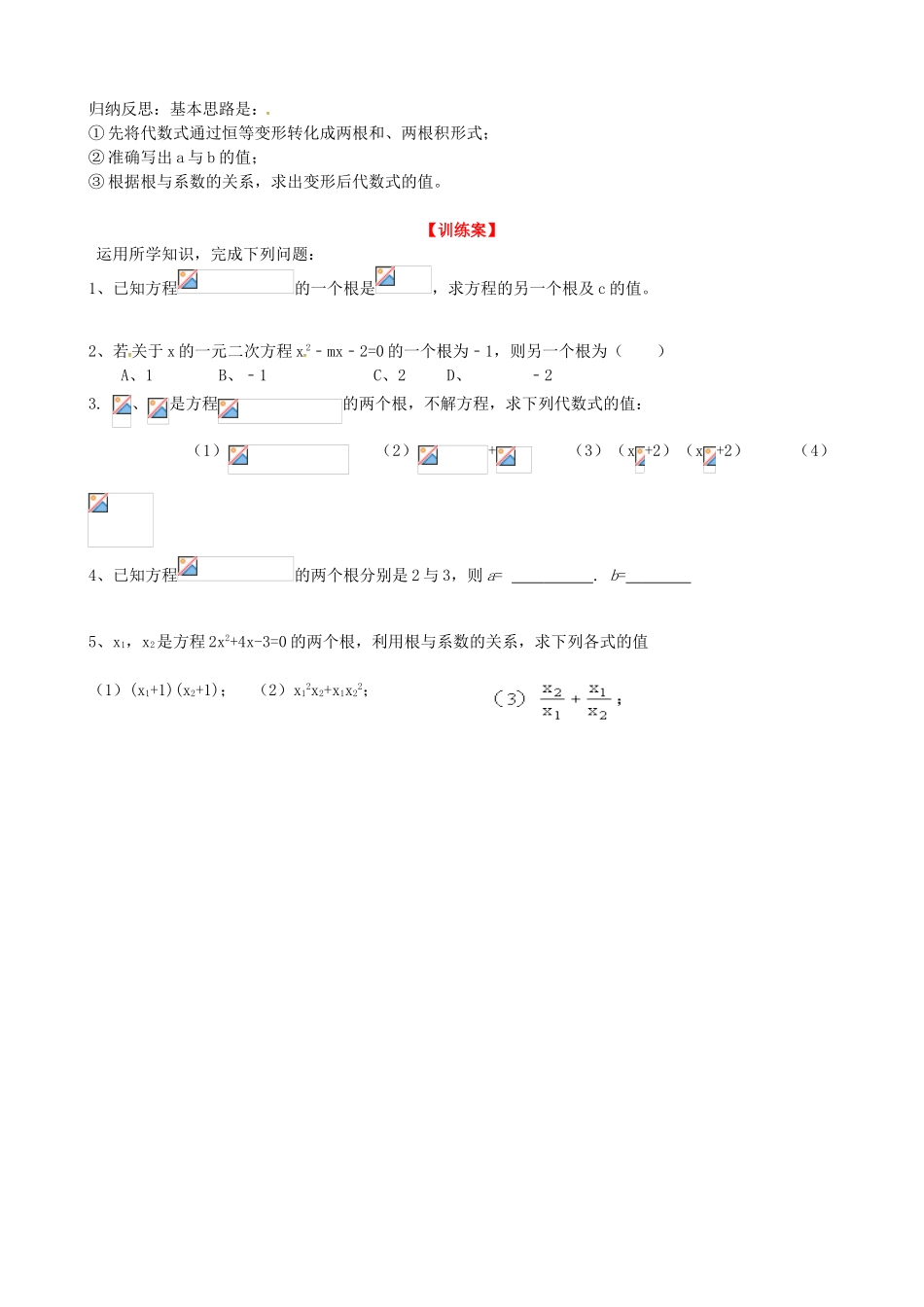 （贵州专用）秋九年级数学上册 2.5 一元二次方程的根与系数的关系学案（无答案）（新版）北师大版-（新版）北师大版初中九年级上册数学学案_第3页