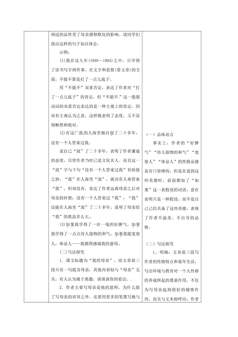 陕西省山阳县八年级语文下册 第一单元 2 我的母亲学案2 （新版）新人教版-（新版）新人教版初中八年级下册语文学案_第2页