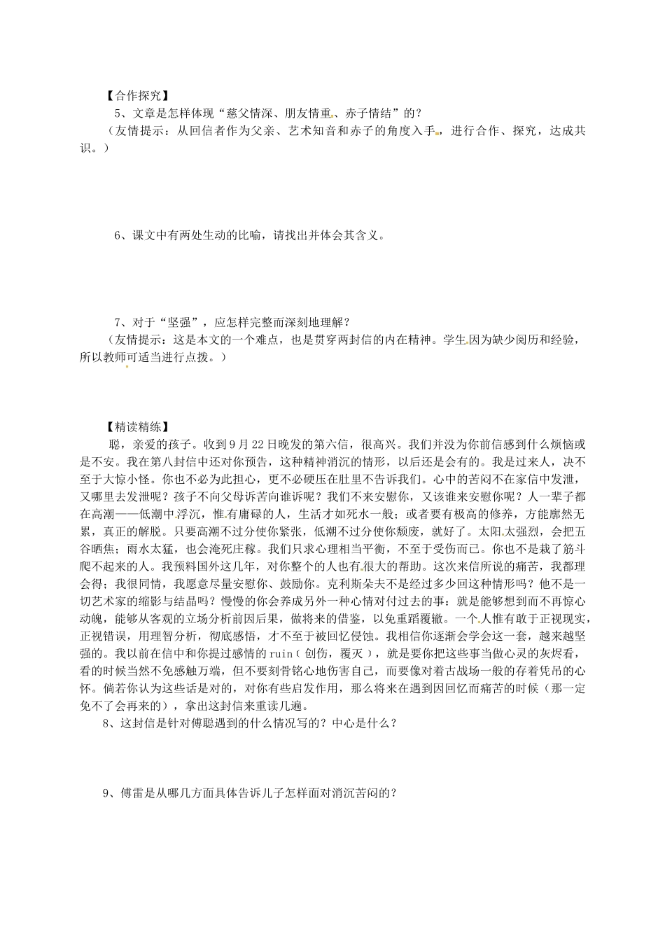 九年级语文下册 17《傅雷家书》学案（4） 冀教版-冀教版初中九年级下册语文学案_第2页