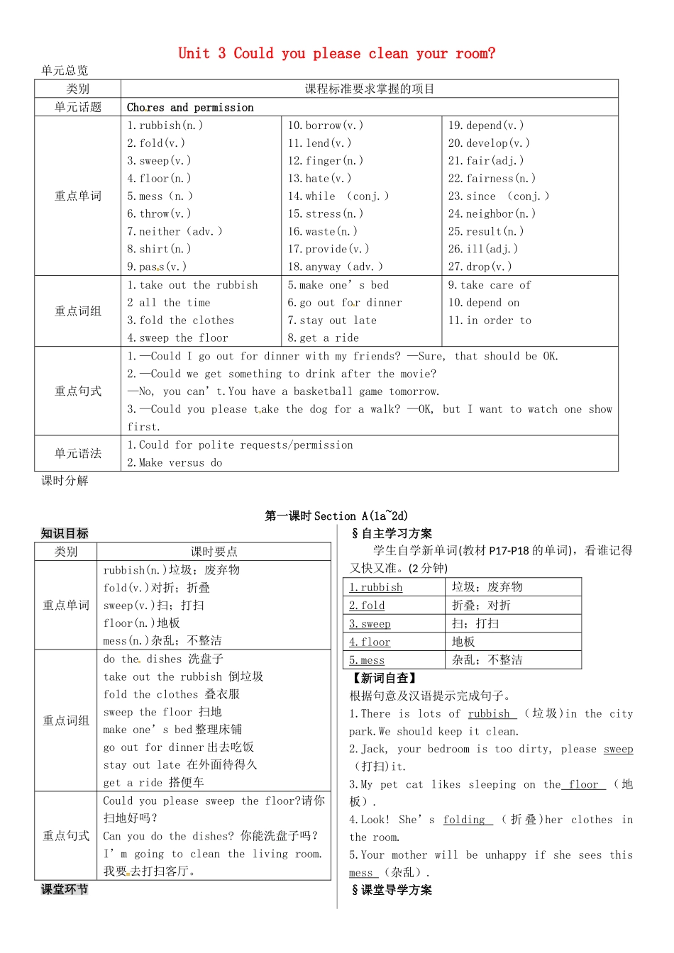 春八年级英语下册 Unit 3 Could you please cle an your room（第1课时）导学案 （新版）人教新目标版-（新版）人教新目标版初中八年级下册英语学案_第1页