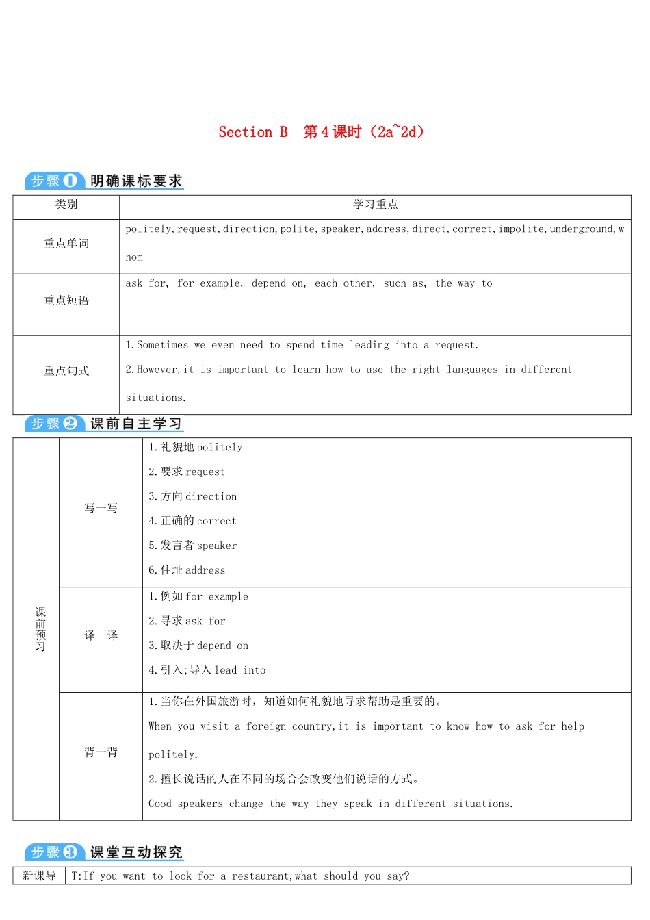 九年级英语全册 Unit 3 Could you please tell me where the restrooms are第4课时导学案1（新版）人教新目标版-（新版）人教新目标版初中九年级全册英语学案_第1页