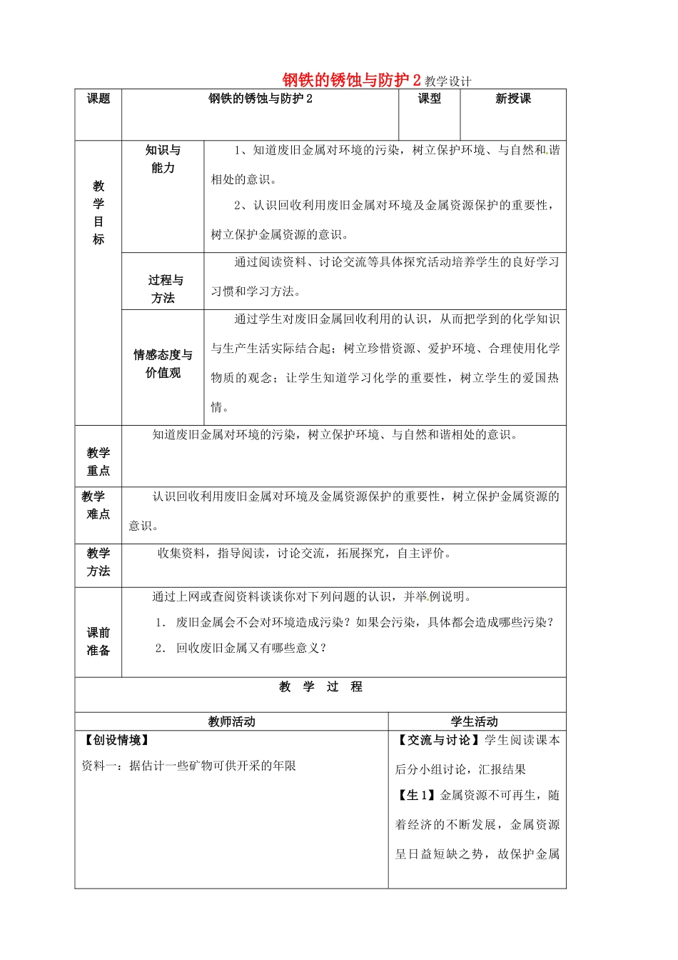 山东省烟台20中九年级化学《钢铁的锈蚀与防护》教学设计（2）_第1页